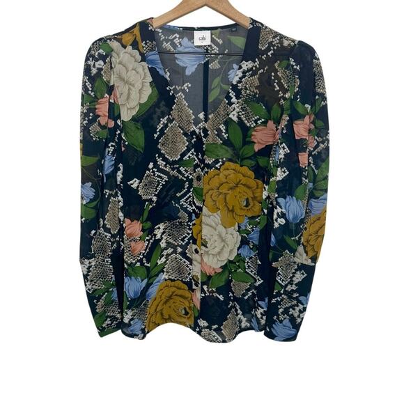 CABI 3762 Womens LARGE Snake Charmer Sheer Dark Floral Blouse Top Balloon Sleeve - Picture 1 of 16